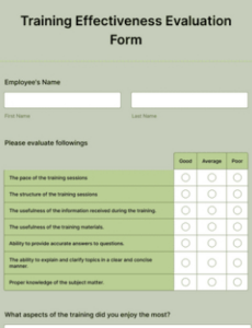 training effectiveness evaluation form template  jotform employee training feedback form template