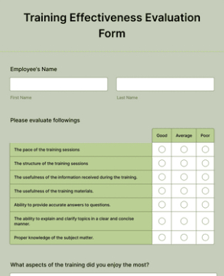 training effectiveness evaluation form template  jotform employee training feedback form template