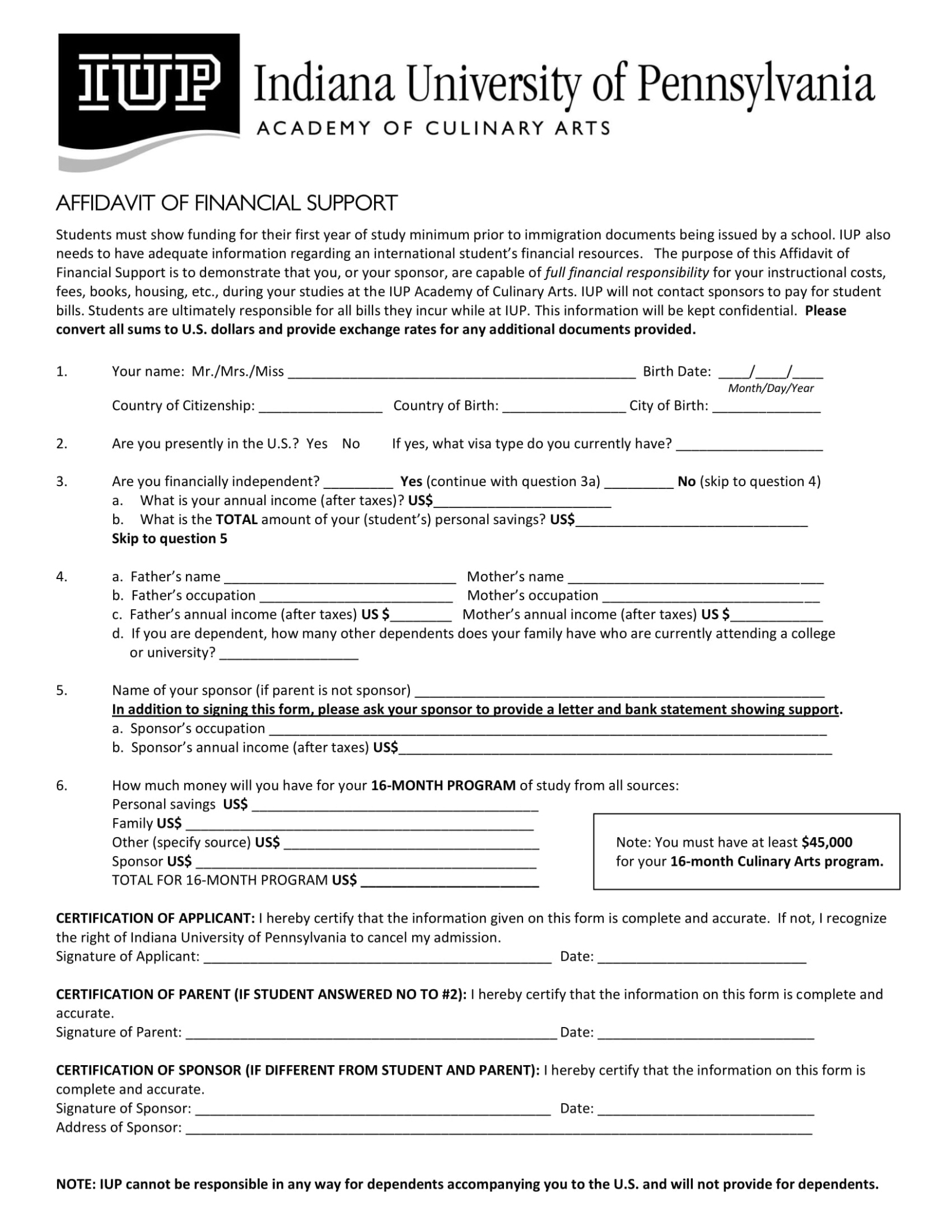 Free Blank Affidavit Of Financial Support  Template Excel Sample