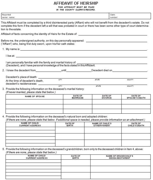 Free Blank Affidavit Of Heirship California Template