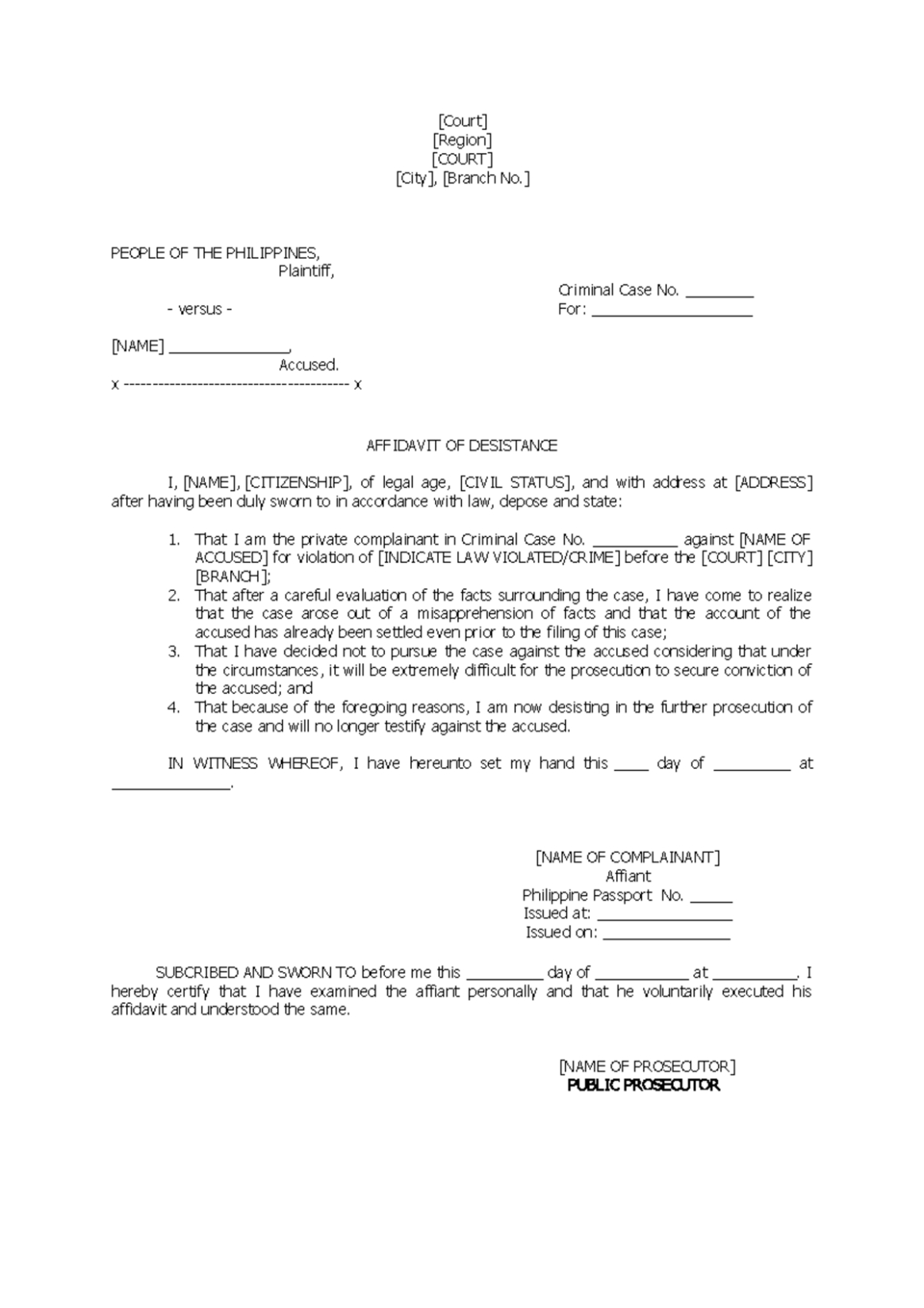 Free  Affidavit Of Desistance Template